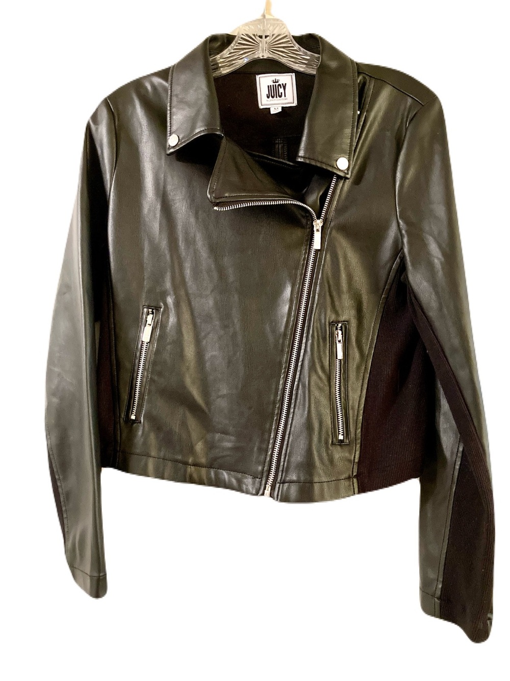Juicy Couture Classic Black Faux Leather Moto Jacket with Zip Details